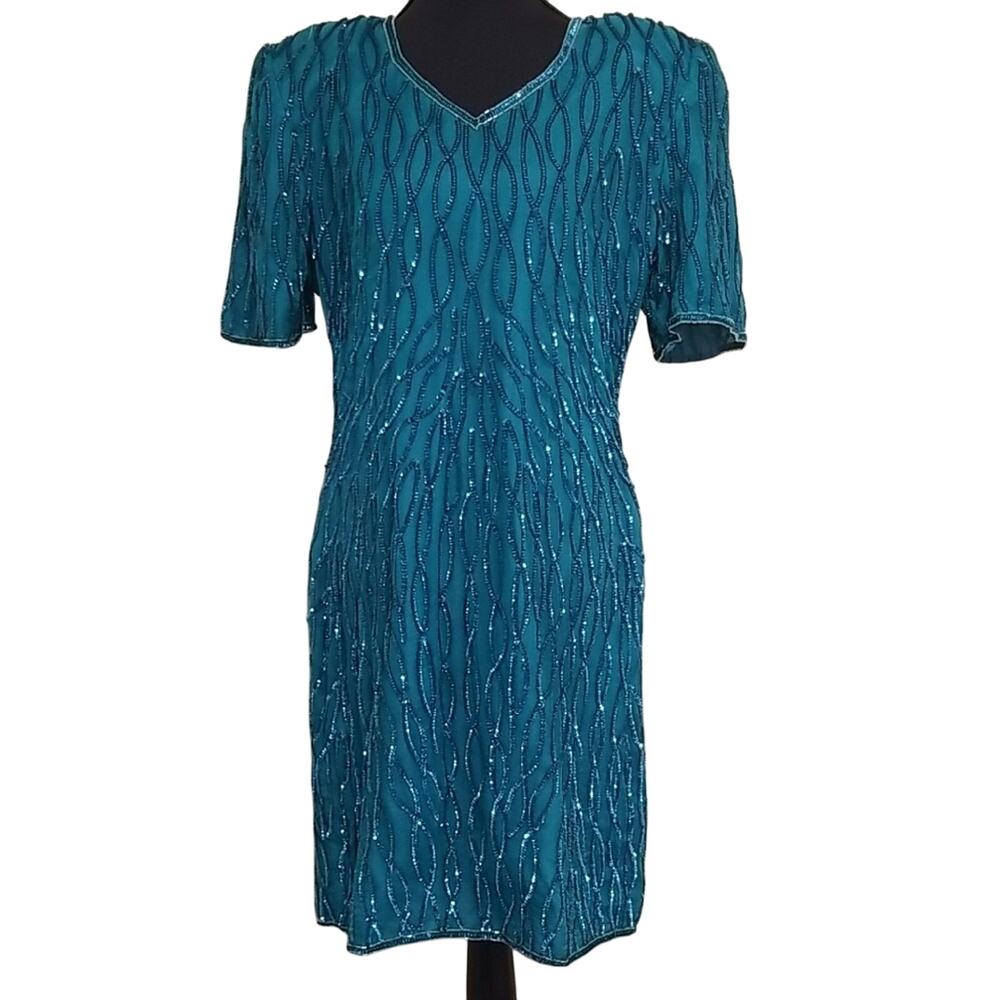 Vintage 80's 100% Silk Teal Sequin Beaded Formal Dress Party Special Occasion L